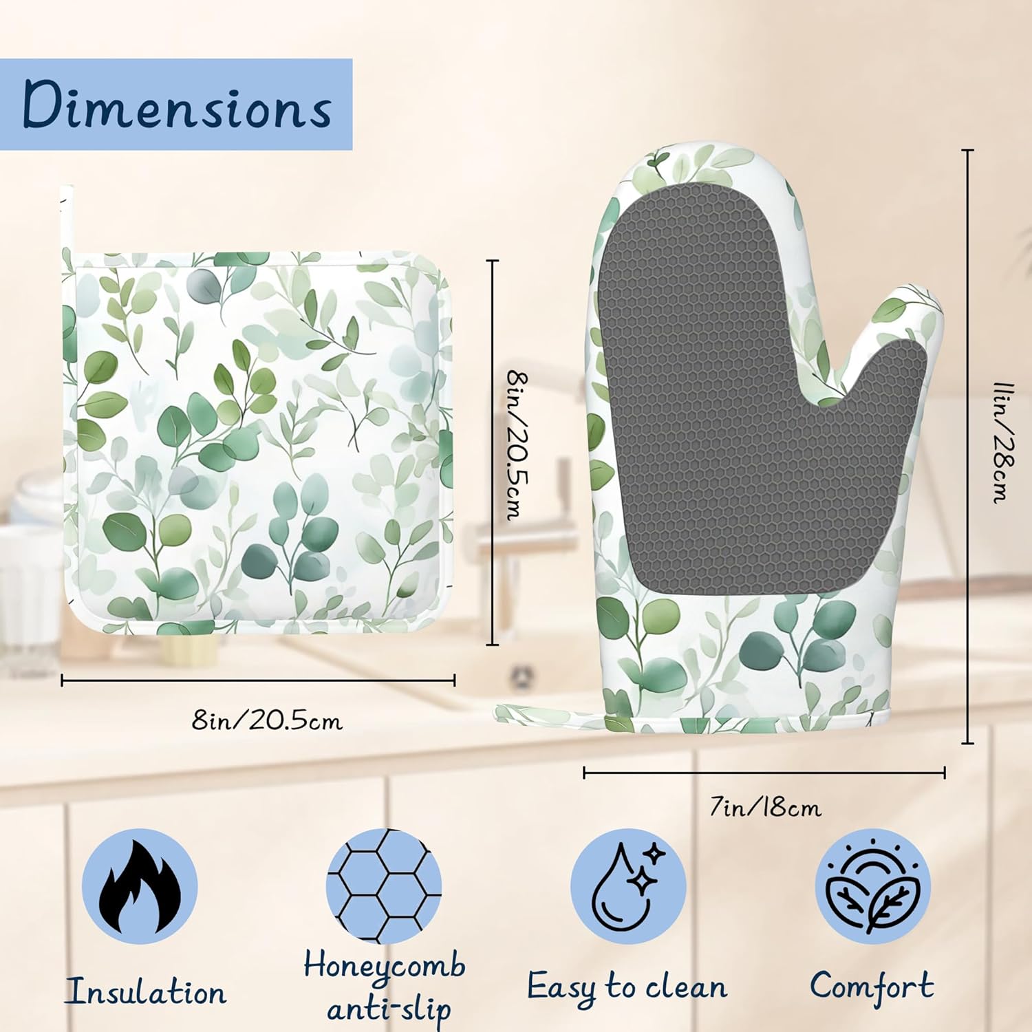 Eucalyptus Leaves Oven Mitts and Pot Holders Sets,Extra Long Watercolor Green Leaf Kitchen Mittens for Cooking,Thick Cotton Heat Resistant Silicone Cooking Utensils Set for Baking Cooking Grilling