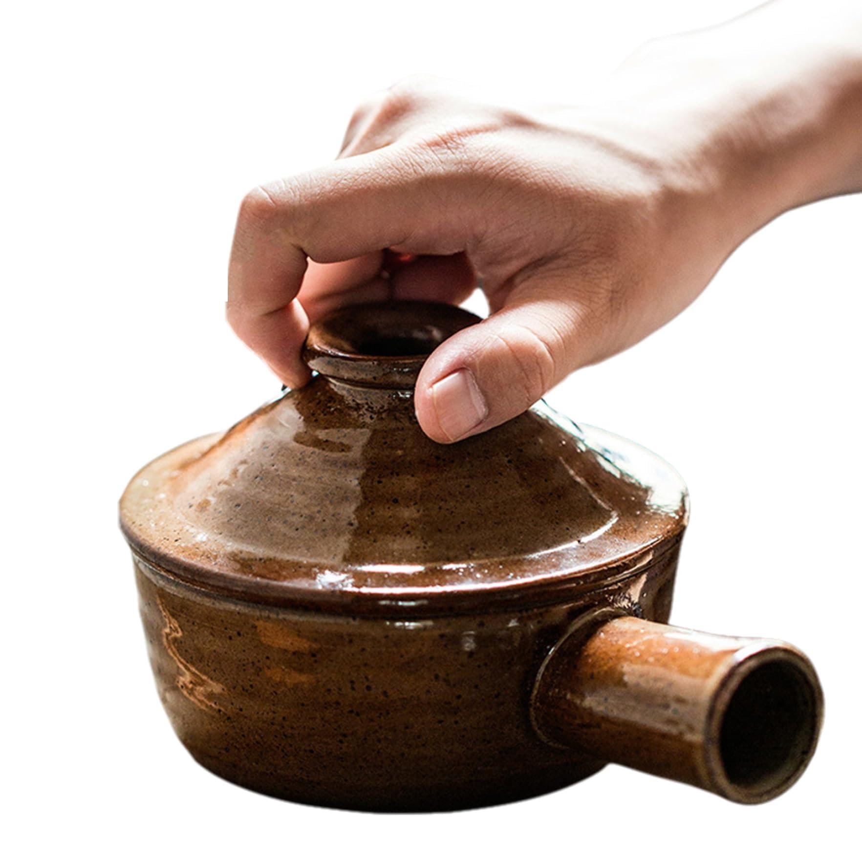 Hotainoys Dark Brown Microwave Cooker 300Ml Crude Pottery 2X5 Inch Microwave Pot With Lid & Handle Rustic Dishwasher Safe Stoneware For Single Person Cookware