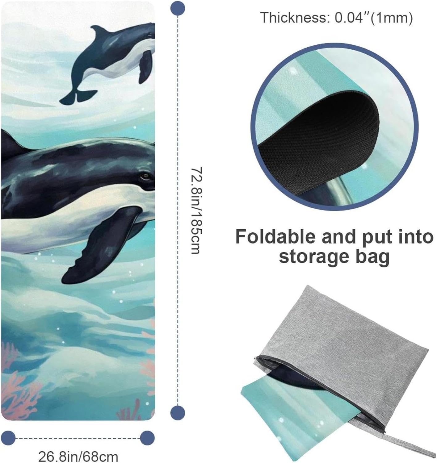 Yoga Towel, Whale Sea Pattern Non Slip Sweat Absorbent Hot Yoga Mat Towel for Hot Yoga, Pilates and Fitness - 72.8" x 26.8"