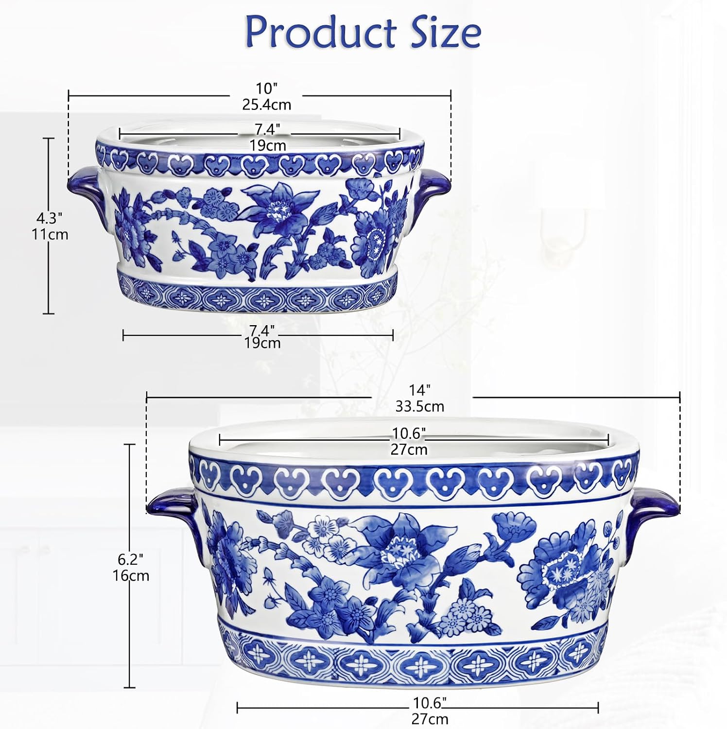 Blue and White Ceramic Planter Pot – Vintage Floral Oval Cachepot Vase for Indoor Plants, Flowers & Succulents – Glazed Chinese Porcelain Style Decorative Bowl – 7.4" or 10.6" Size – No Drainage