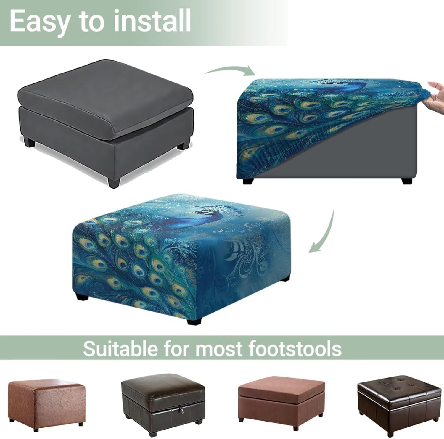 Ottoman Cover Square Ottoman Slipcover Washable Footrest Stool Cover Stain-Resistant Furniture Protector Pet Friendly Footstool Slipcovers, 1 Pcs, Large, Peacock Blue Green