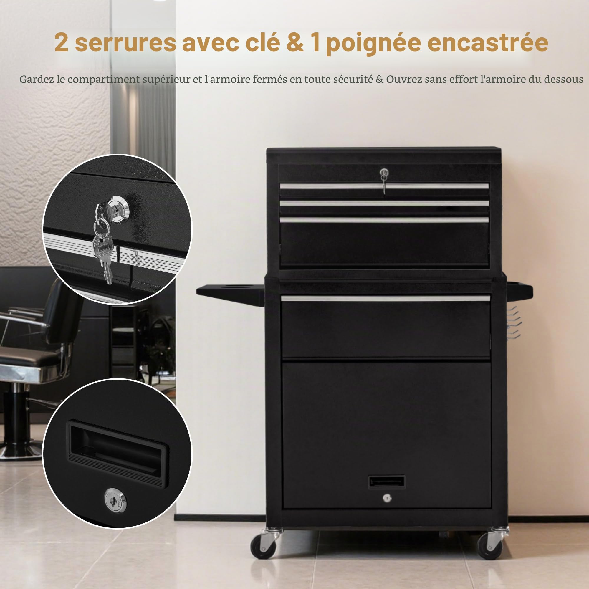 Chariot de Coiffure BarberPub 2 en 1 avec 5 tiroirs et Une Armoire, Chariot de Service avec 2 Supports pour sèche-Cheveux, Chariot de Travail de Coiffure verrouillable, 0097 (Noir-Argent)