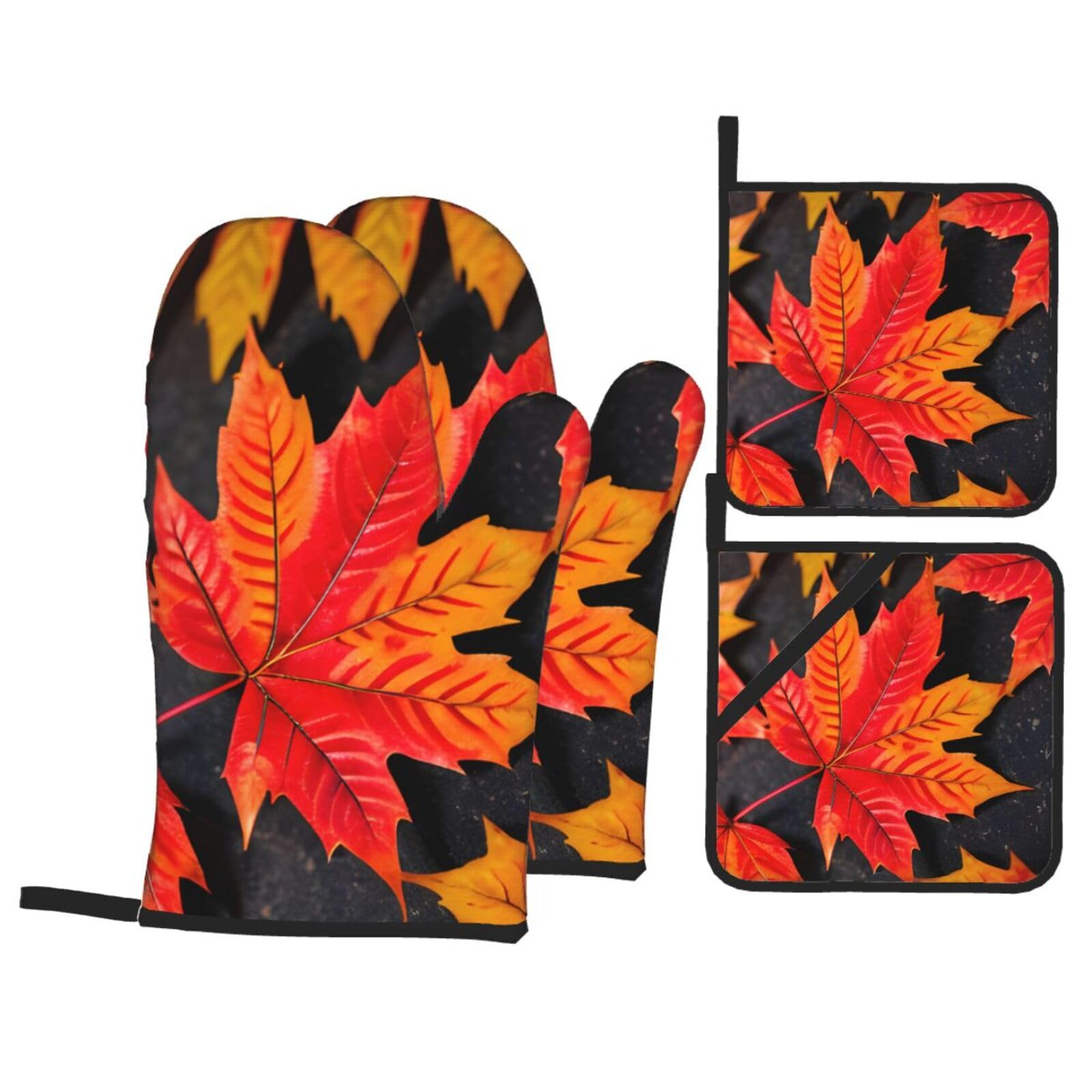 Fall Red Leaves Print 4-Piece Oven Microwaving Set Kitchen Gloves for Holiday Cooking Baking Grilling