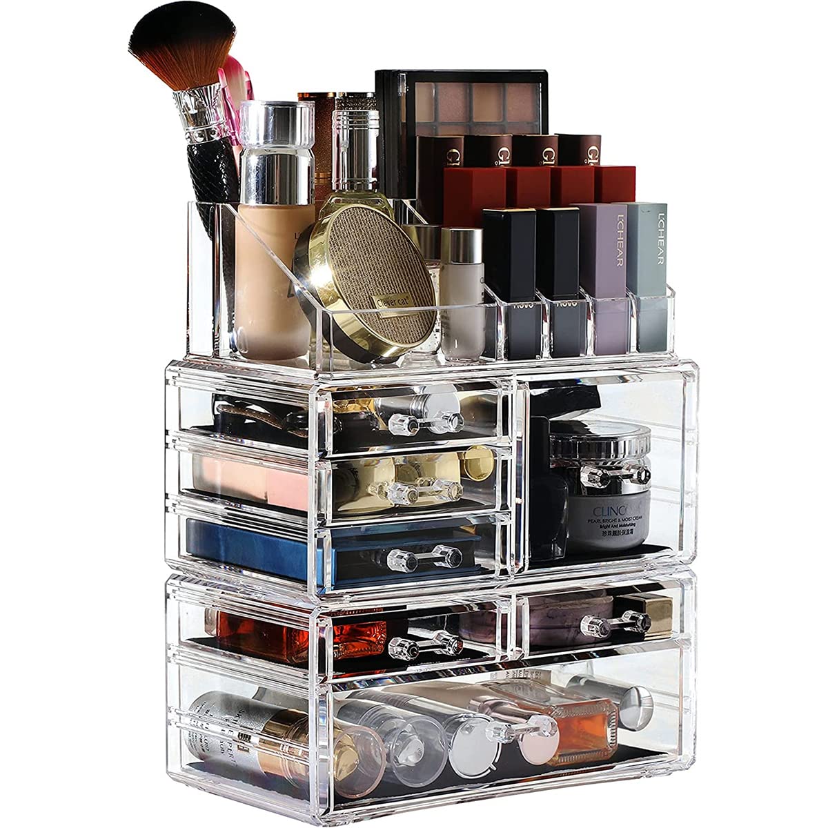 Organizer per Trucco in Acrilico,7 cassetti e 16 Organizer per Trucco a griglia con custodie per Cosmetici,9,5" X6,5 X11,8,Set da 2 Pezzi Trasparenti,Trasparente