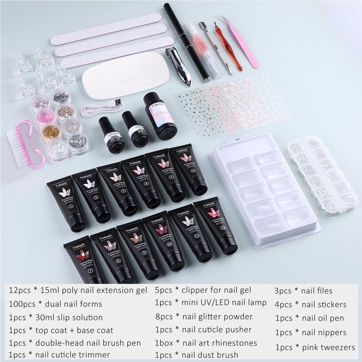 Fcozpjk Poly Gel Nail Kit with UV Light, 12 Colors Builder Gel Nail Extension Kits for Beginners with Everything, Dual Nail Forms Slip Solution Chunky Glitter Poly Gels Nails Art Design Starter Set