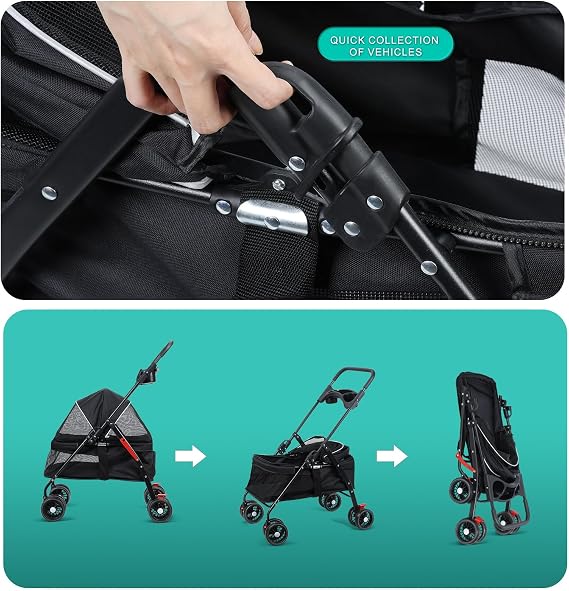 Folding Dog Pram, Pet Strollers with Breathable Mesh & Storage Holder, Dog Trolley On Wheels, Travel Pushchair, Pet Wheelchair for Puppy Small Medium Dogs Cats Black