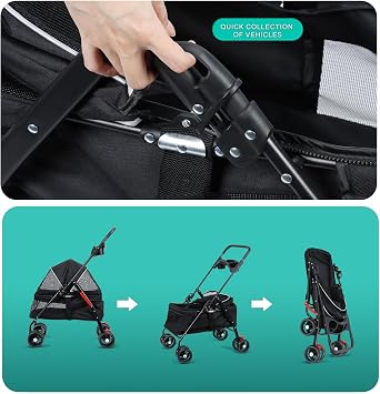 Folding Dog Pram, Pet Strollers with Breathable Mesh & Storage Holder, Dog Trolley On Wheels, Travel Pushchair, Pet Wheelchair for Puppy Small Medium Dogs Cats Black