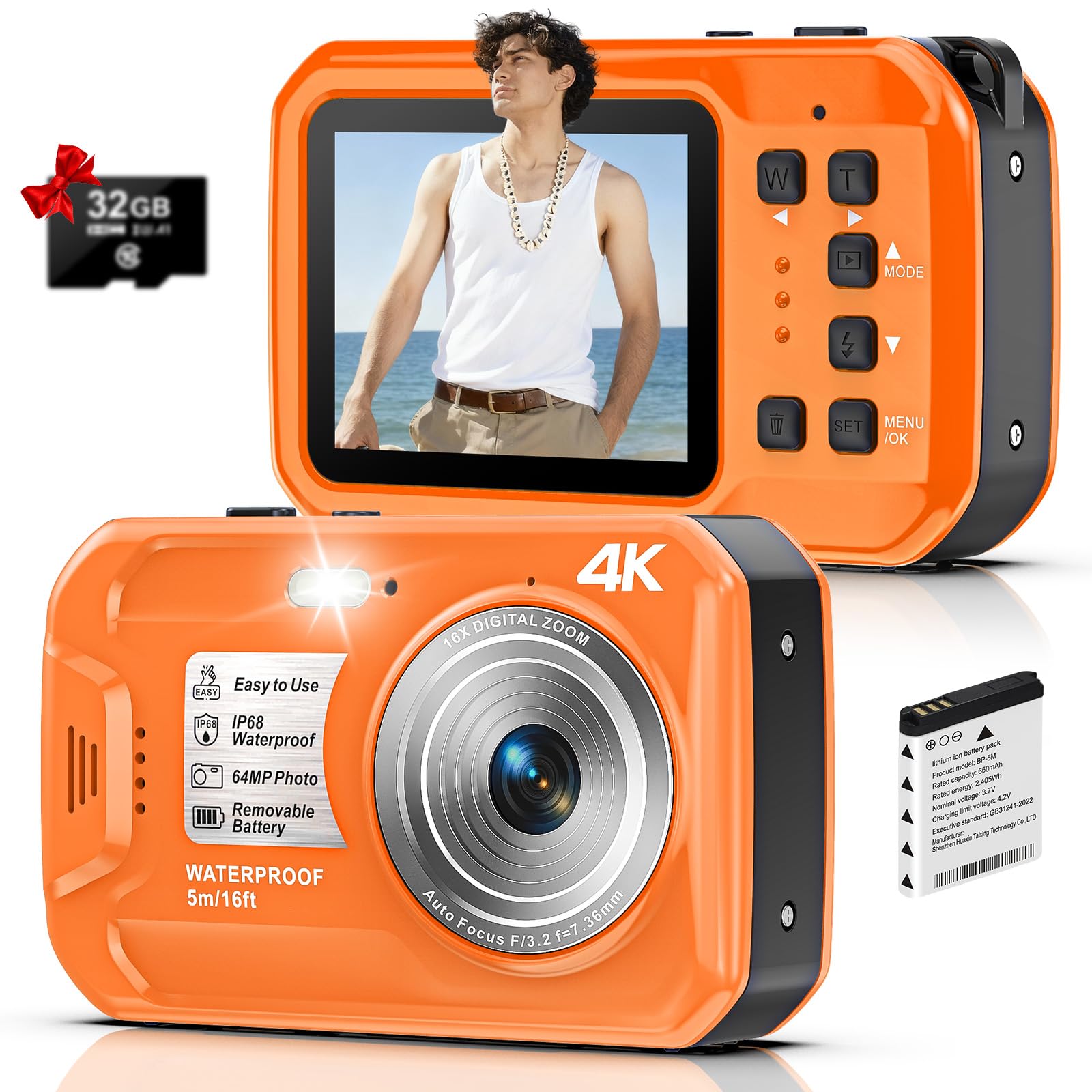 Digitalkamera, Yixinxin Unterwasserkamera 4K 64MP 16FT wasserdichte Kamera zum Schnorcheln, IPS HD Bildschirm 16X Digitalzoom und 32GB Karte