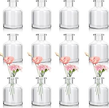 12 Pcs Bud Vases, Clear Glass, 2 x 2.8 Inch | Mini Flower Vases, Small Glass Living Bud Vases Bulk for Flowers Centerpieces, Table, Home and Living Room Decor