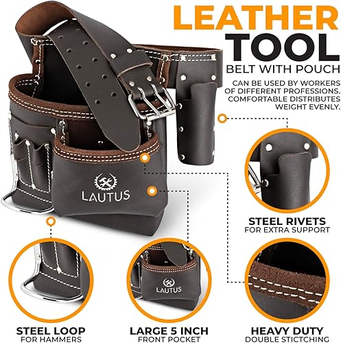 Miniatura 4 de LAUTUS Cinturón de herramientas de cuero curtido con aceite de 5 bolsillos  Bolsa de herramientas multifuncionalbolsa de herramientas  carpintero