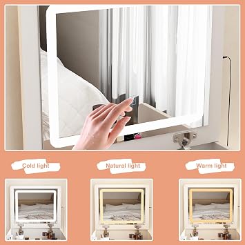 Dressing Table with Flip-top Mirror & LED Lights, 2-in-1 Compact Vanity Desk Set with Glass Tabletop, Small Makeup Table with 3 Drawers & Cushioned Stool for Bedroom, White