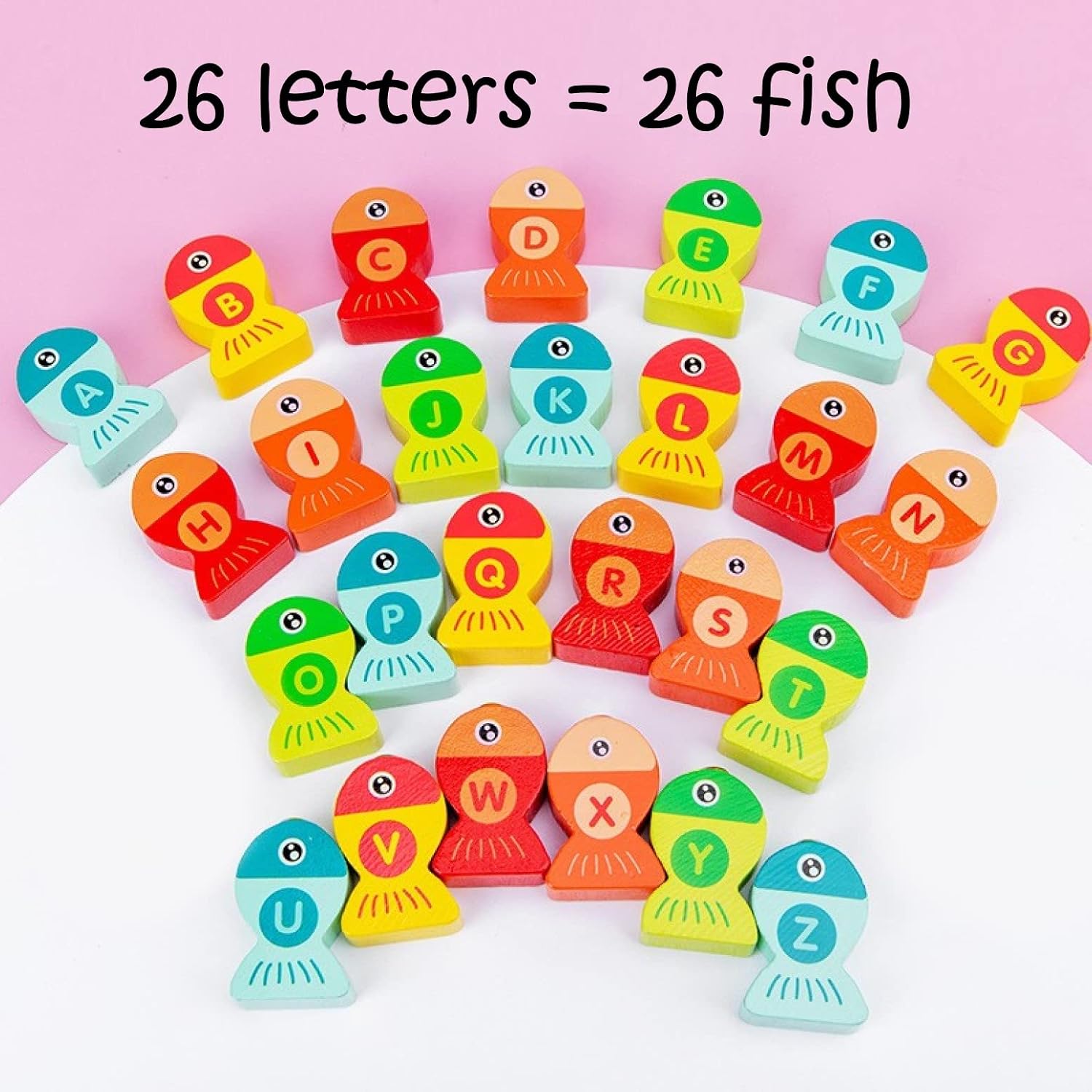 Haktoys Wooden Fishing Alphabet Game Magnetic Learning Toy with Ocean Sticker Book, ABC Toy with 26 Lettered Fish & 2 Poles, Educational Travel Game for Toddlers Preschool Kids