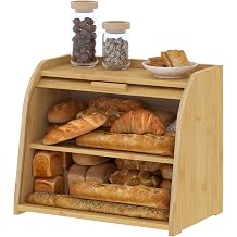 Kitsanery Bread Box for Kitchen Countertop, Bamboo Bread Storage, Double-Layer Roll-Top Bread Container, Farmhouse Bread Holder for Homemade Bread Natural, double layer