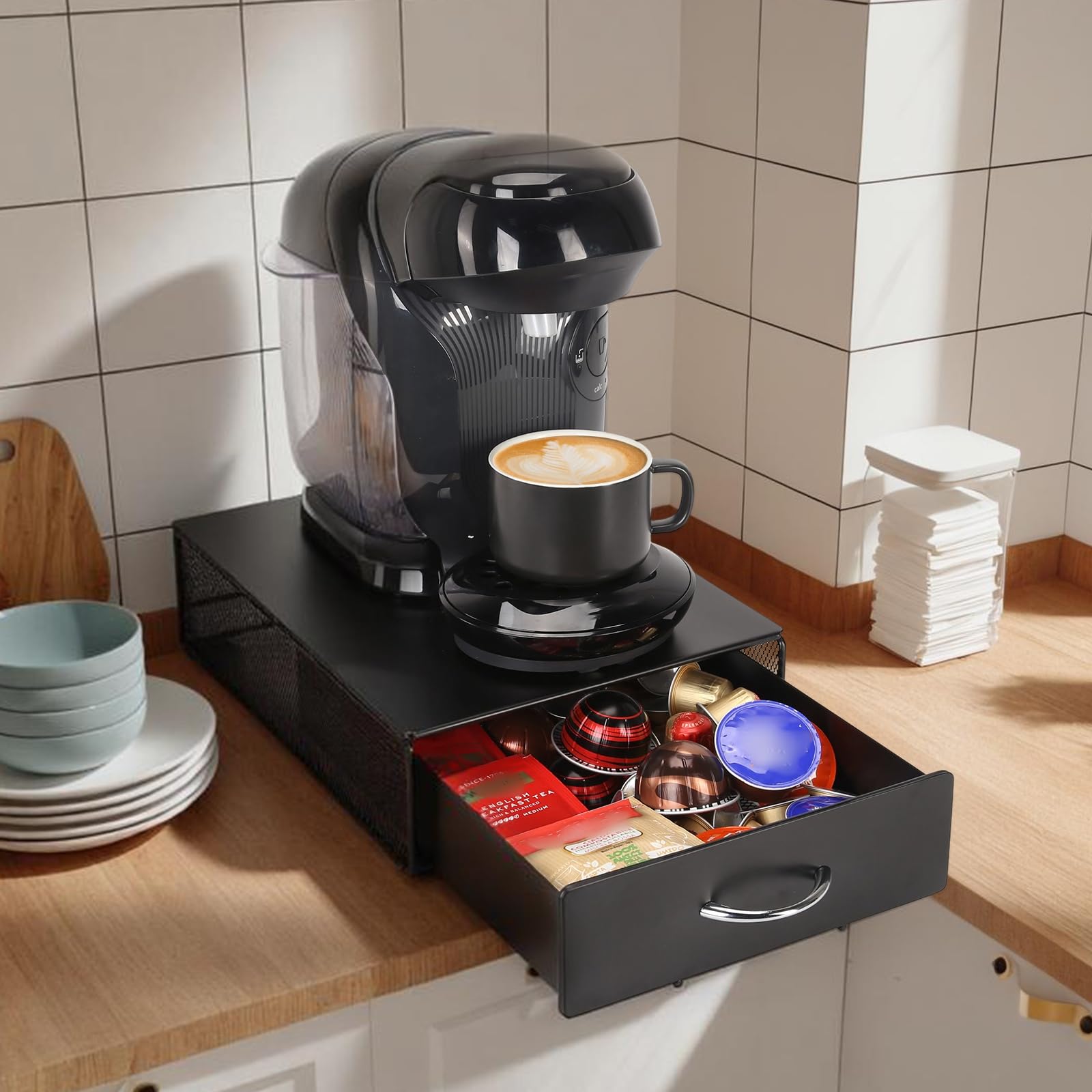 Portacapsule,Cassetto Porta Cialde e Capsule in Metallo,Ideale per Organizzare Caffè, Tè e Tisane.
