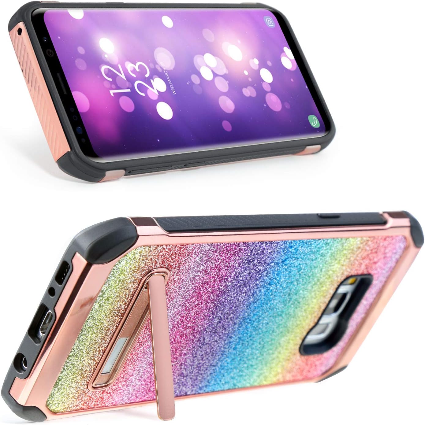UARMOR Case for Galaxy S8 Plus, Samsung Galaxy S8 Plus Case, Luxury Glitter Bling Rugged Shockproof Dirtproof Stand Hybrid Slim Sparkle Shiny PU Leather Hard Case for Samsung Galaxy S8 Plus, Rainbow