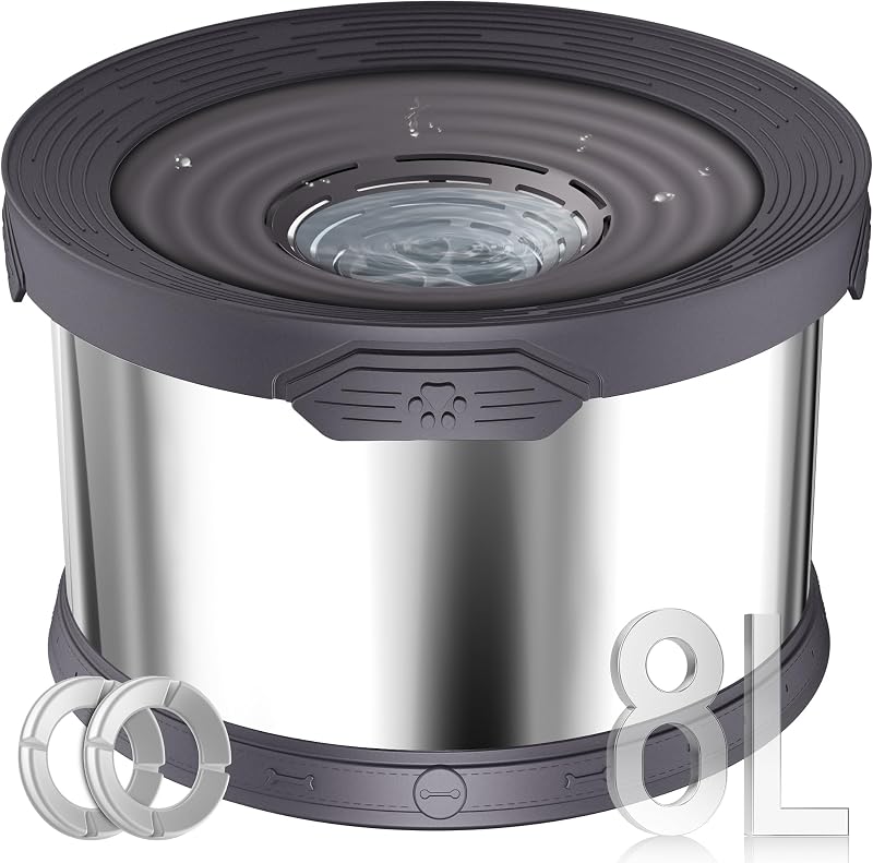 Tigela para Água de Cães UPSKY em Aço Inoxidável, Antirespingo e com Bebedouro Lento, 8 L, Cinza