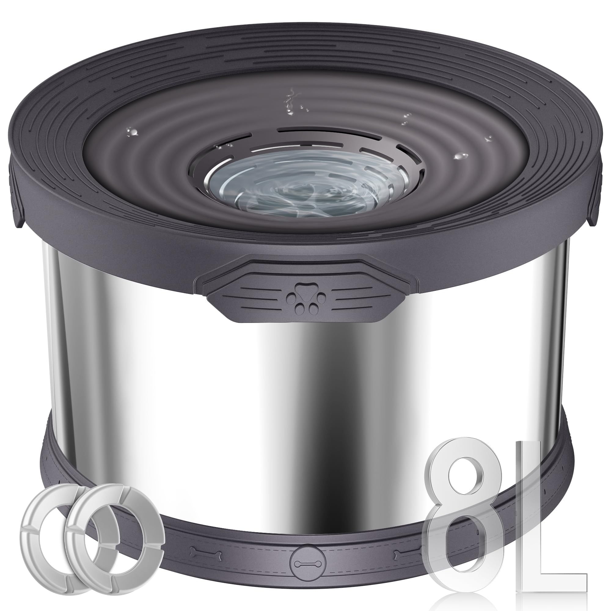 UPSKY 8L Dog Water Bowl No Spill Stainless Steel for Slow Drinking Gray
