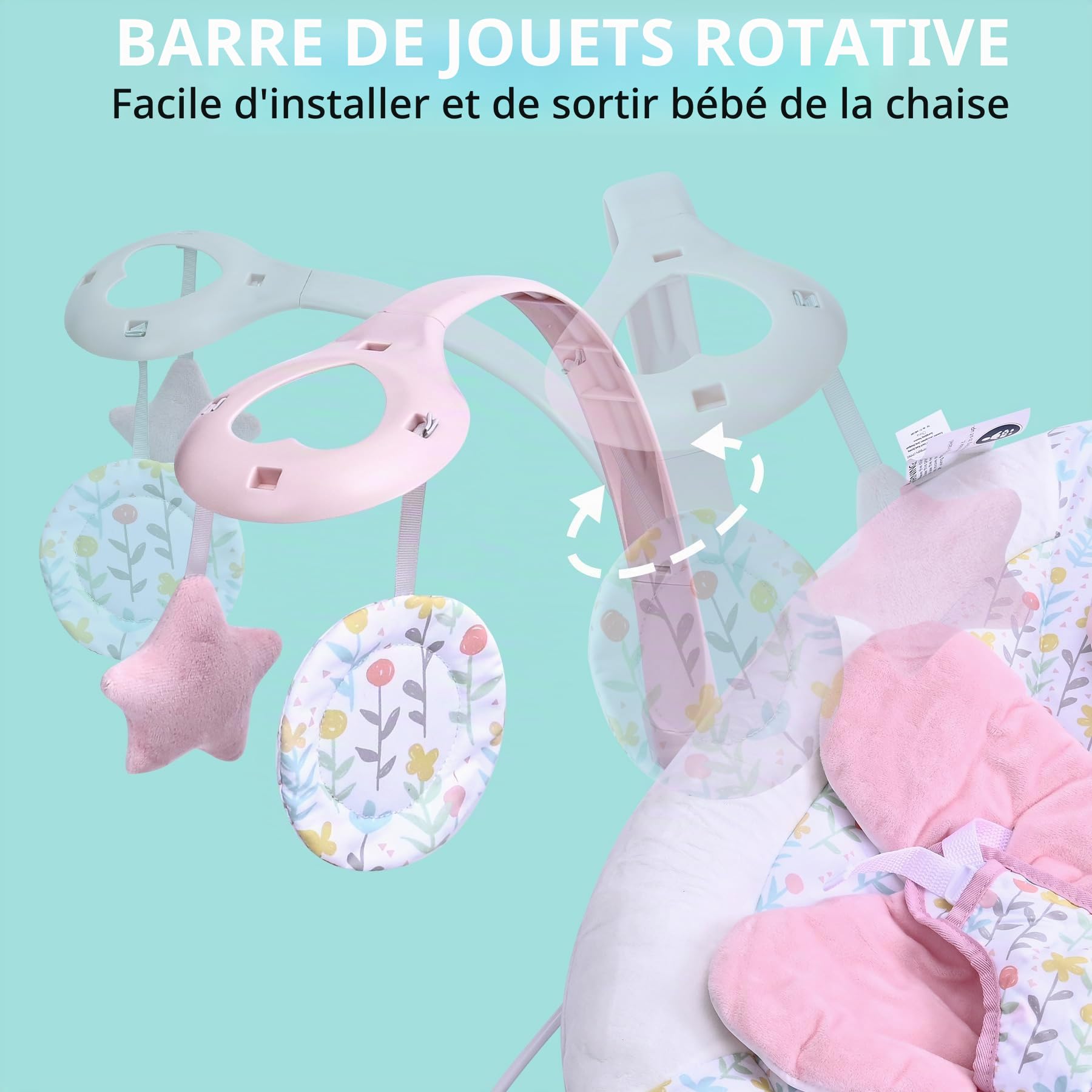 LADIDA Transat pour bébé de la naissance à 6 mois, balancelle bébé avec 3 vitesses et 8 chansons apaisantes, siège vibrant pour nourrisson avec barre de jeux amovible, portable et léger (Lapin Rose)