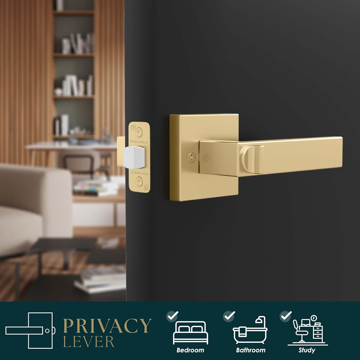 Mega Handles ROBELL Privacy Door Handle with Lock, Door Handles for Bedrooms & Bathroom, Modern Interior Door Levers with Handle Lock - Satin Brass (1 Pack)