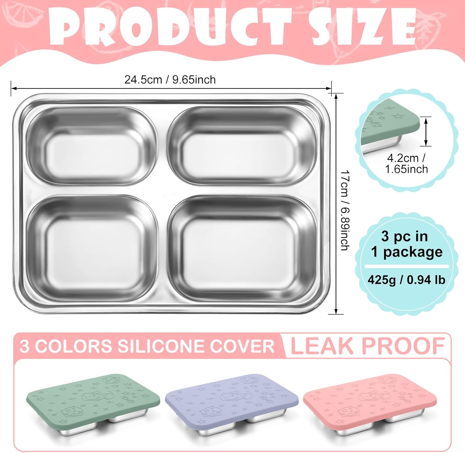 Tioncy 3 Pcs Leakproof Stainless Steel Bento Box, Divided Lunch Containers with Silicone Lid for Kids Adults, Dishwasher Freezer Safe Food Storage Containers for School Work Office - Image 3