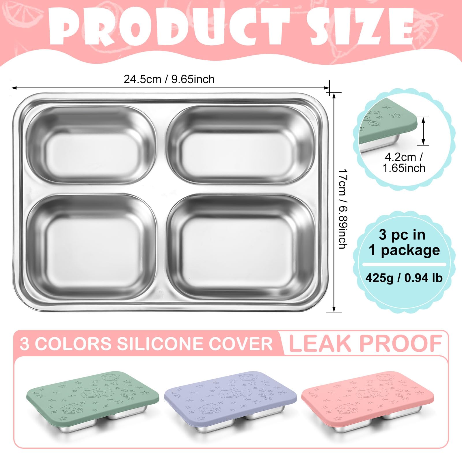 Tioncy 3 Stück auslaufsichere Edelstahl-Bento-Lunchbox, unterteilte Edelstahl-Lunchbox mit Silikondeckel, spülmaschinenfest, gefriergeeignet, Frischhaltedosen für Arbeit und Reisen