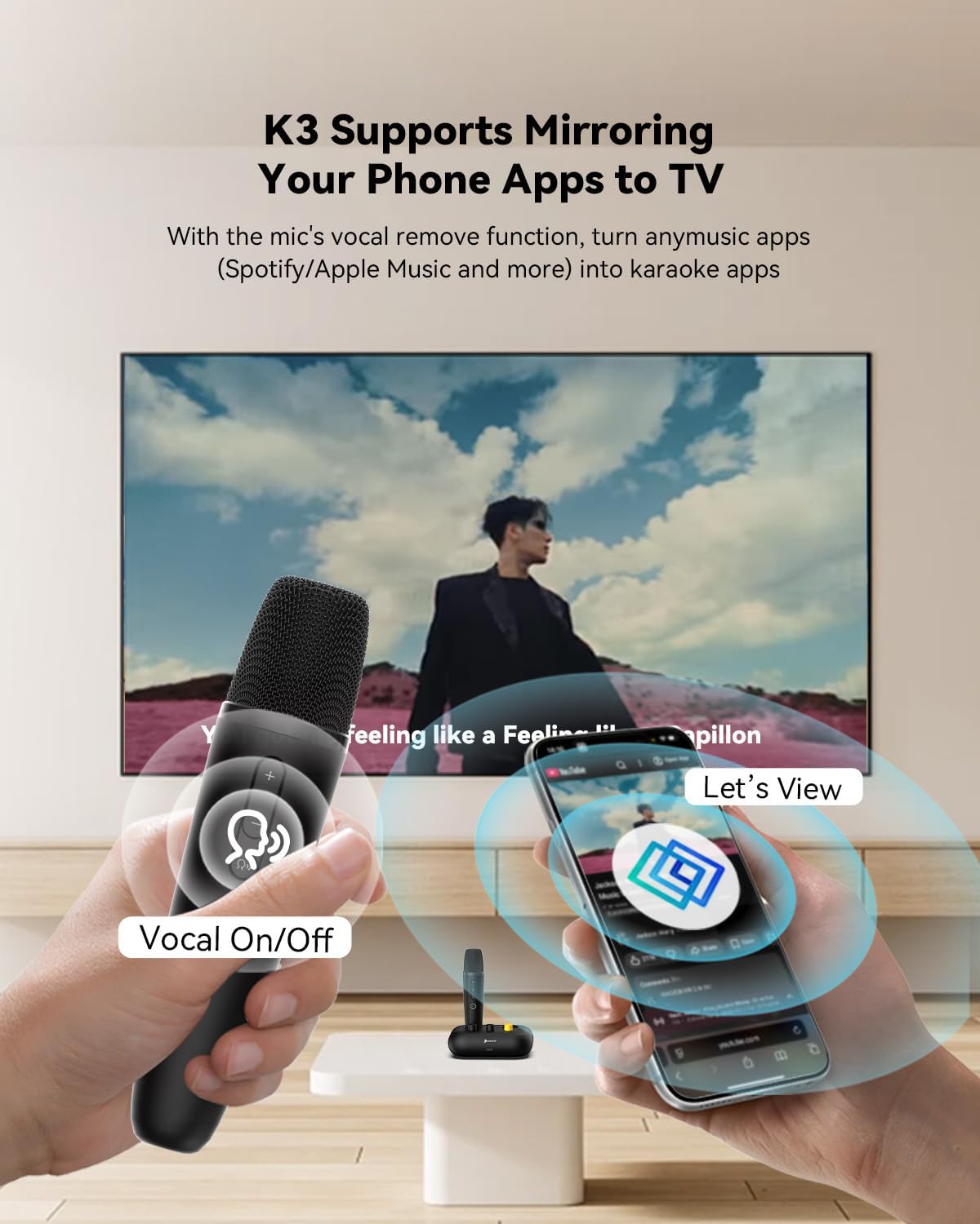 K3 Karaoke Machine with 2 Mics,Millions of Free Songs (English/Spanish/Tagalog/Chinese/French/Portuguese/Italian/Korean/Vietnamese...) Home Karaoke System for TV & Projector