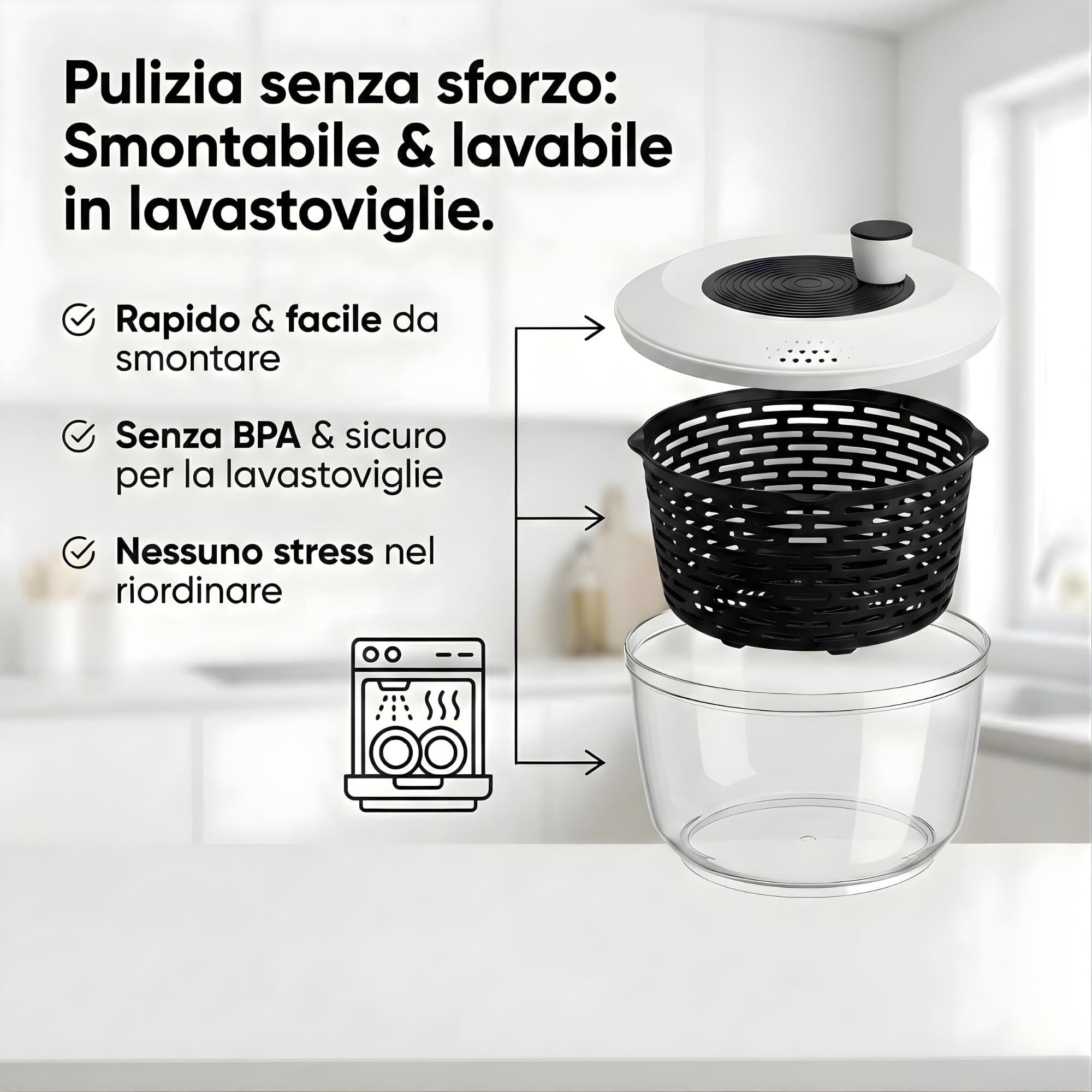 Centrifuga insalata Premium 5 L – 60 giorni di prova senza rischi – 2 in 1 antiscivolo: centrifuga & insalatiera – Ø 24,5 cm – senza BPA – lavastoviglie – per asciugare l’insalata – eBook incluso