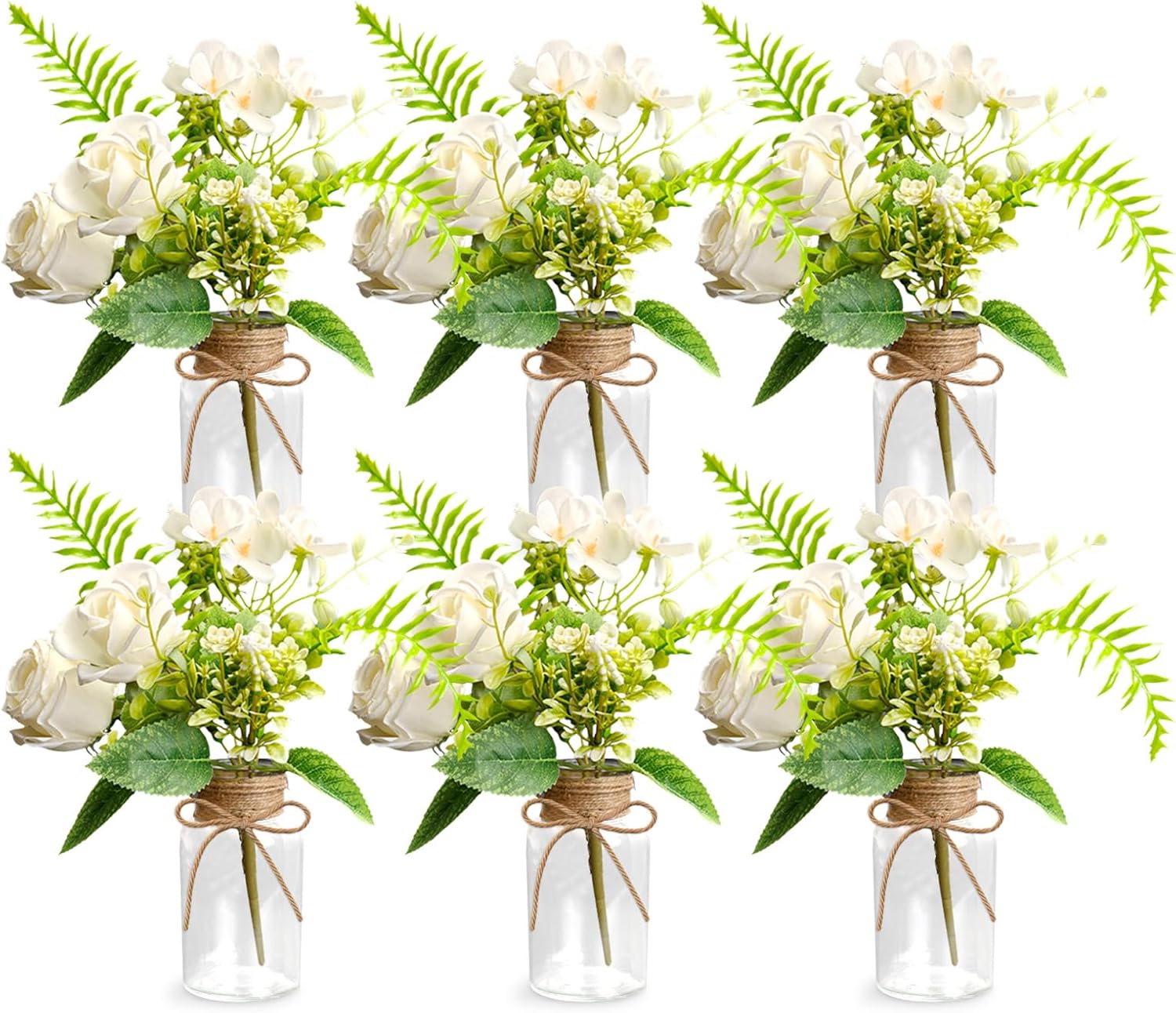 6-Pc Mason Jar Centerpieces for Tables with Artificial Roses – Farmhouse Wedding & Bridal Shower Table Decoration for Party Event Kitchen Bathroom Living Room(8.45oz