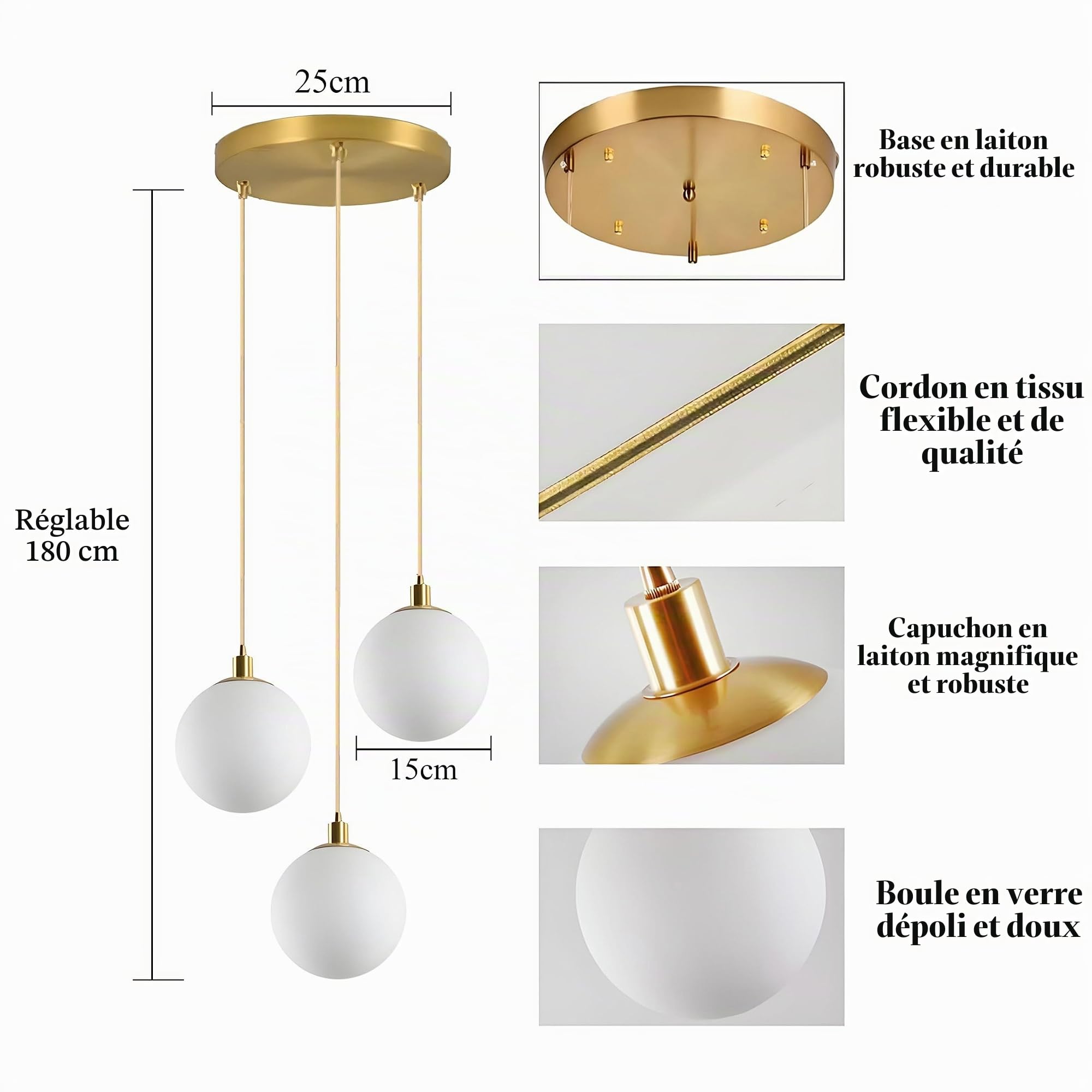 Lampe à Pendentif Moderne 3 Lumières en Verre Blanc Suspension Dorée Hauteur Réglable Douille E27 pour Îlot de Cuisine Salle à Manger Salon