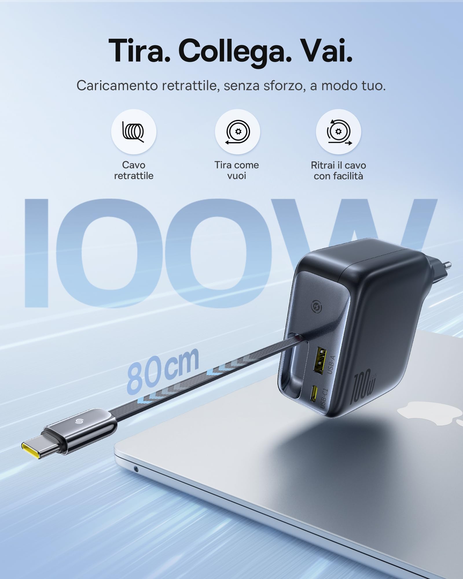 Baseus Enercore Caricatore USB C Da 100 W Con Cavo Estraibile, 3 Porte GaN, Caricatore Rapido PD Compatibile Con MacBook Pro Air, Dell, HP, iPad, iPhone 17/16/15/14 Pro Max Plus, Galaxy S25-S20 Ultra