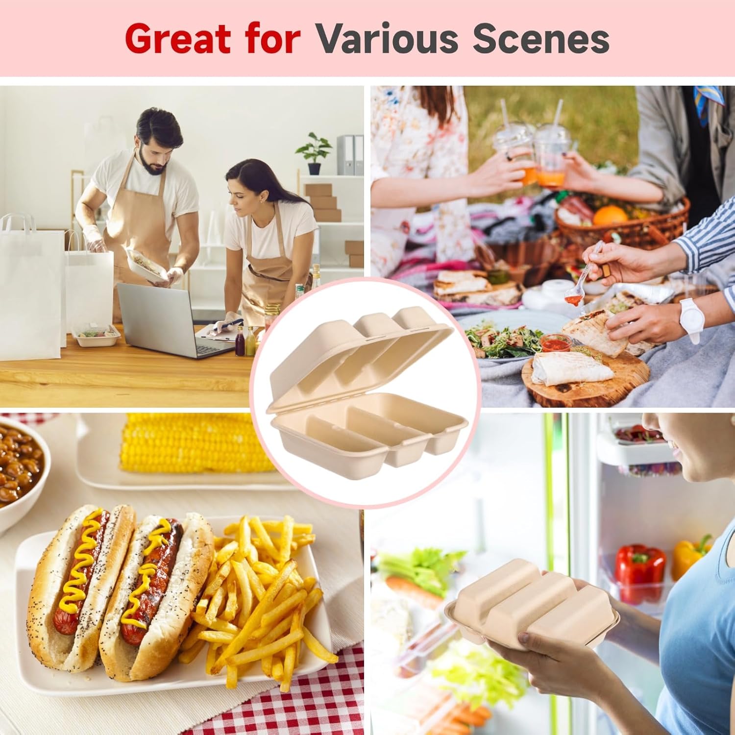 50 PCS Disposable Taco Holder with Lid 8.4 * 7.1 * 3in, 3-Slot Bagasse Pulp Takeout Food Holders for Tacos, Hot Dogs, Sandwiches, Outdoor Lunch and Party Serving (50Pcs)