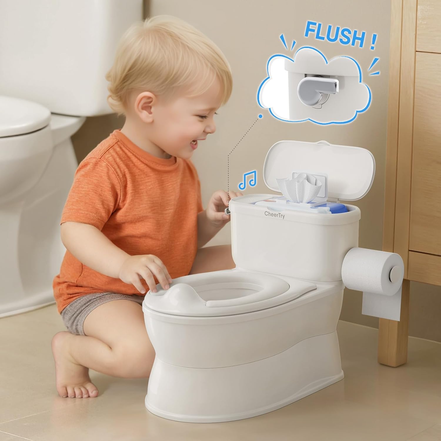 2-in-1 Toddler Potty Training Toilet - with Detachable Training Seat, Realistic Flushing Sound for Boys & Girls Ages 1-3 with Wipes Storage, Toilet Paper Holder