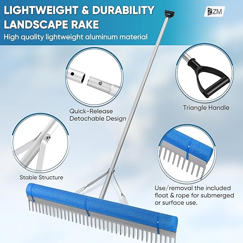 Miniatura 2 de Rastrillo flotante para malezas en el lago, rastrillo de aluminio de 36 pulgadas con mango ajustable, cuerda de 33 pies y flotador, eliminación de