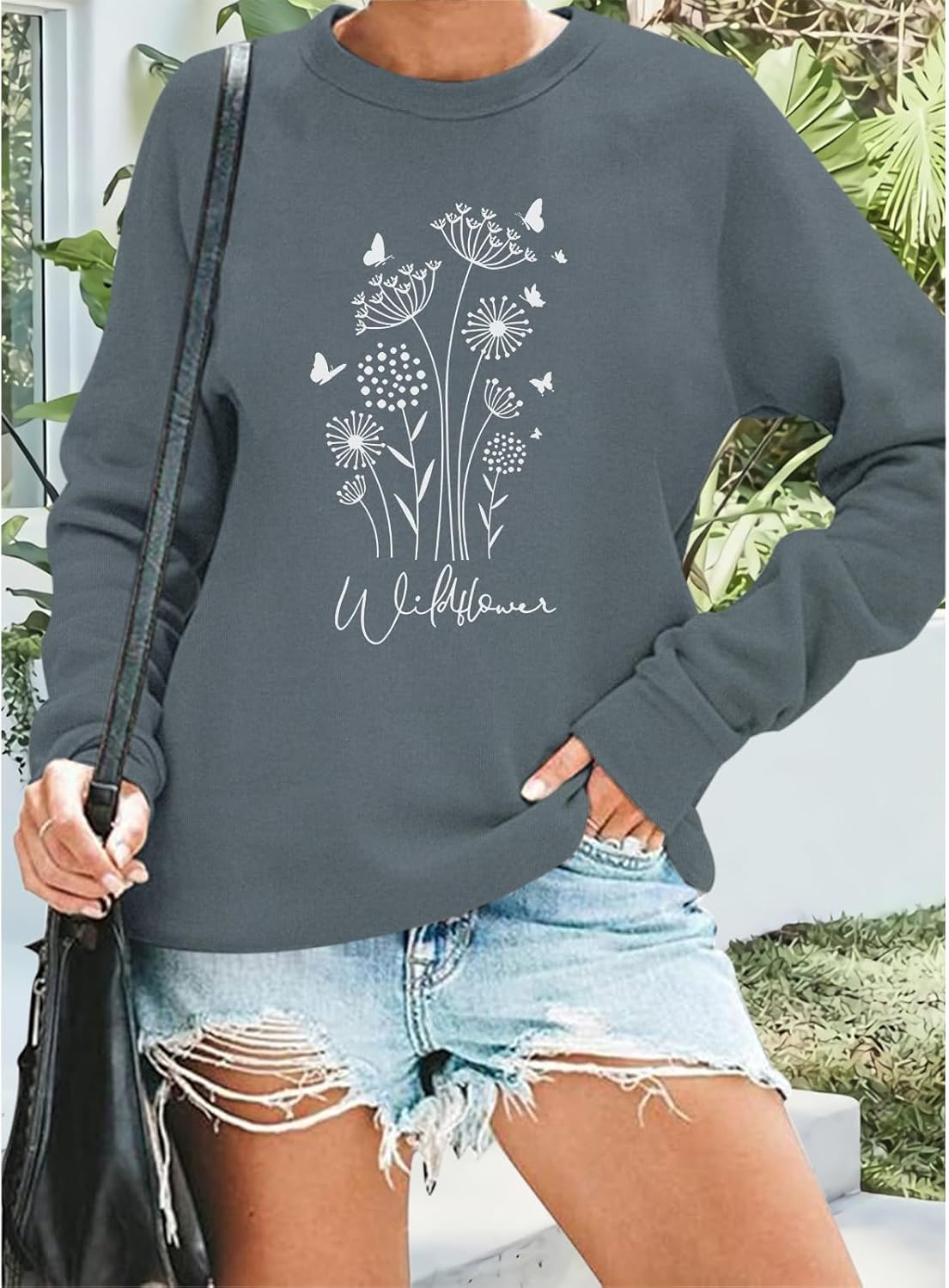 Bobeutou Flower Graphic Sweatshirt for Women 80s Vintage Minimalistic Floral Printed Long Sleeves Shirt Loose Pullovers Tops - Image 5