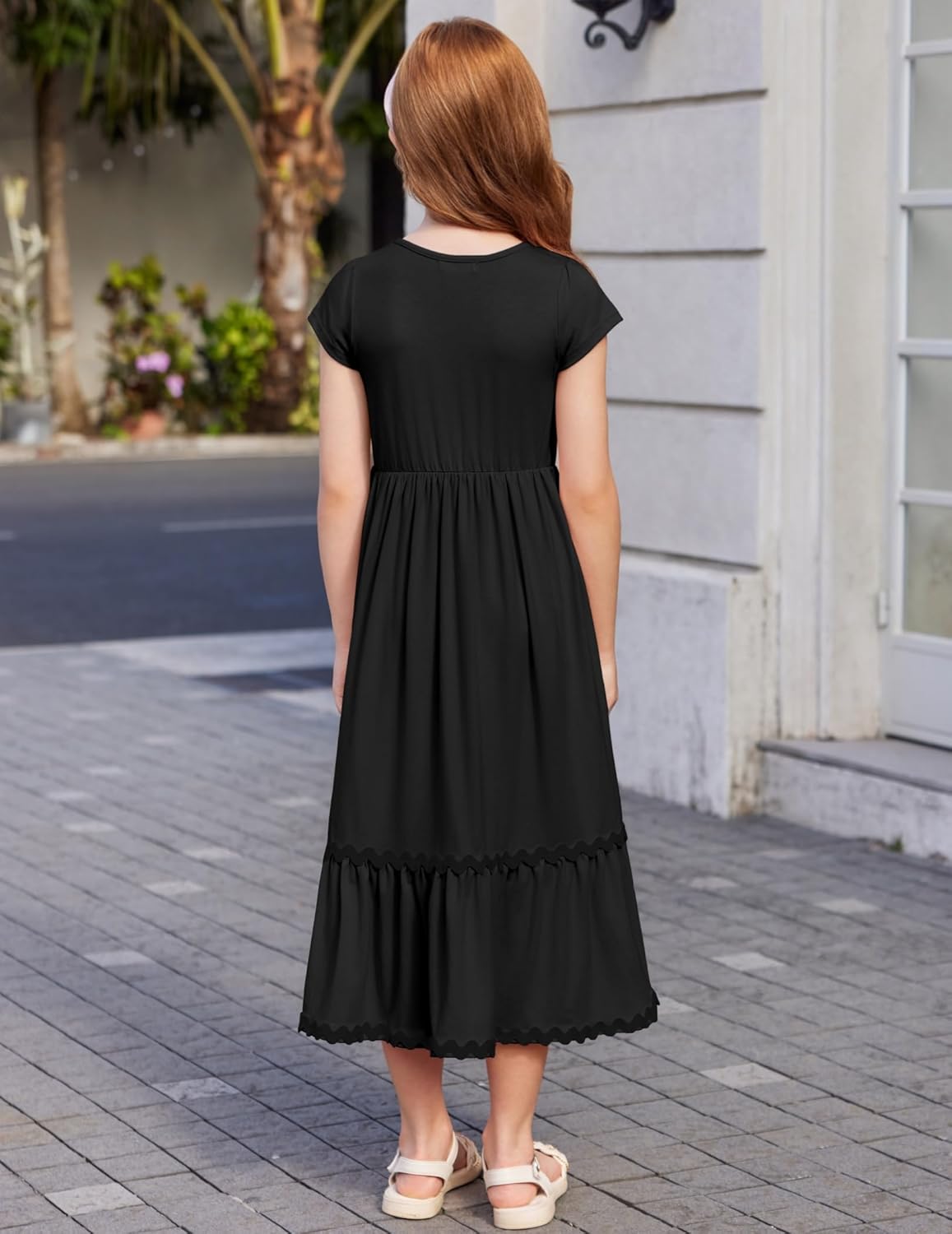 Arshiner Girls Summer Maxi Dresses Short Sleeve Casual Flowy Tiered Dress with Pockets for 4-14 Years - Image 7