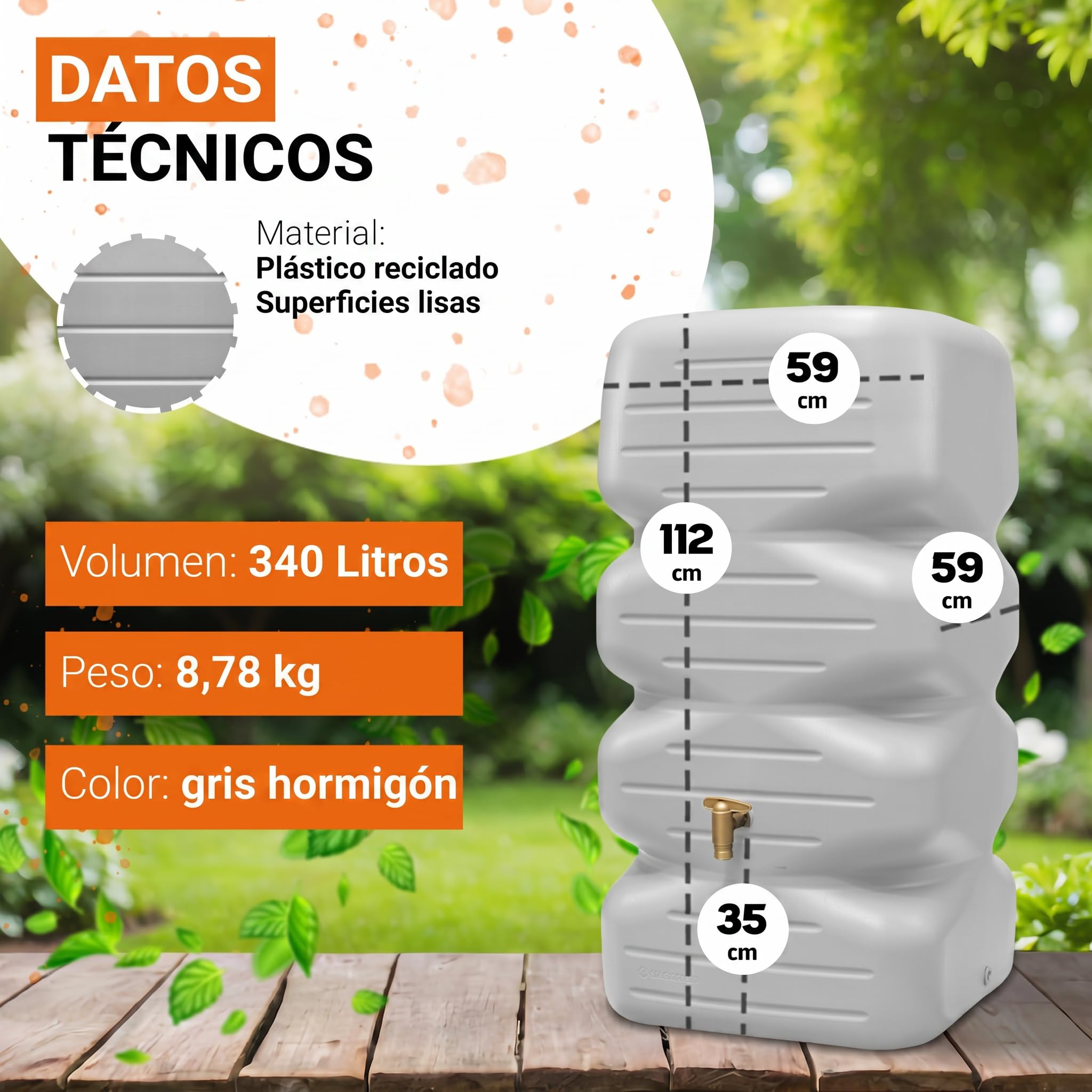 GARANTIA CUBUS Set Completo de depósito de jardín 340 L Gris hormigón con Grifo de Salida de plástico y Conector para bajante - Recogida de Lluvia - riego sostenible - integración Visual Moderna | Incluye grifo de plástico y conector para bajante, depósit