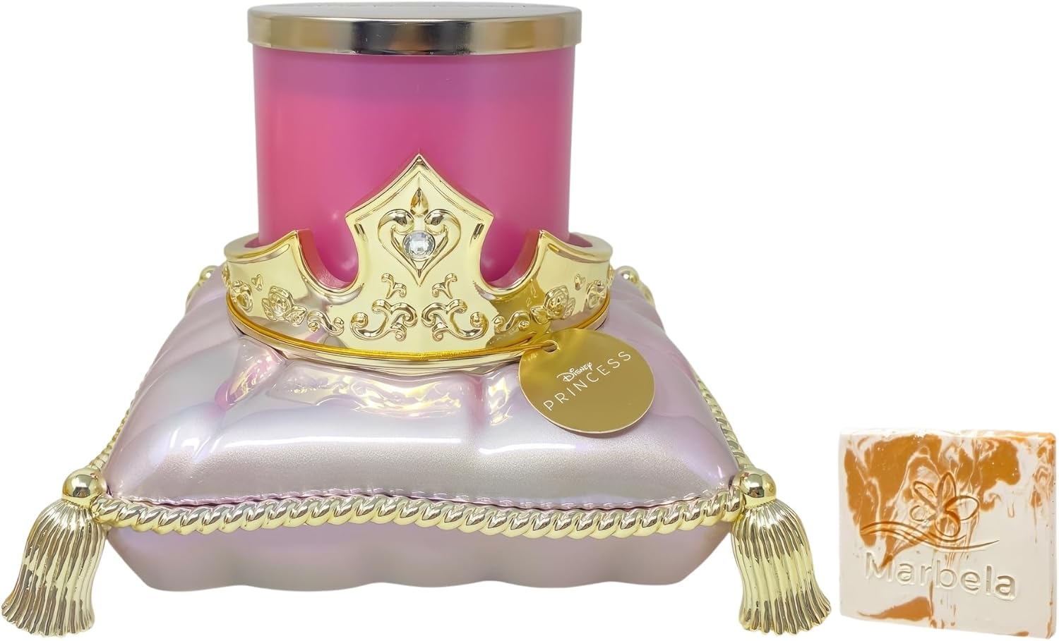 Bath & Body Works Limited Edition Princess Collection Aurora Crown Pedestal 3-Wick Candle Holder with a Peach Gardenia Sample Soap