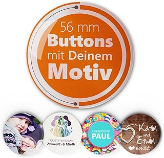 Individuelle Buttons selbst gestalten – Personalisierte Button Anstecker mit eigenem Foto, Logo oder Text – Werbebuttons für Hochzeit, JGA, Event, Firma & Verein