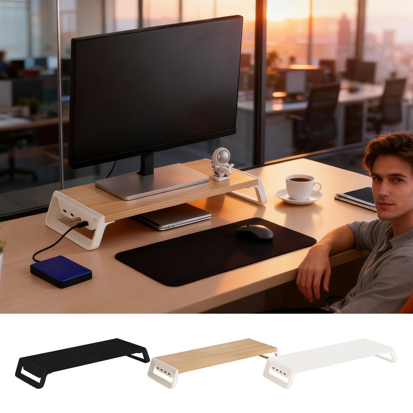 Réhausseur d'écran organiseur Étagère De Rangement Bureau Avec 4 Ports USB