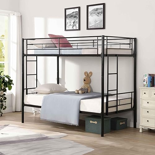 Miniatura 8 de Litera de metal con 2 escaleras y barandilla de seguridad, literas convertibles resistentes, base de cama individual sobre individual con espacio de