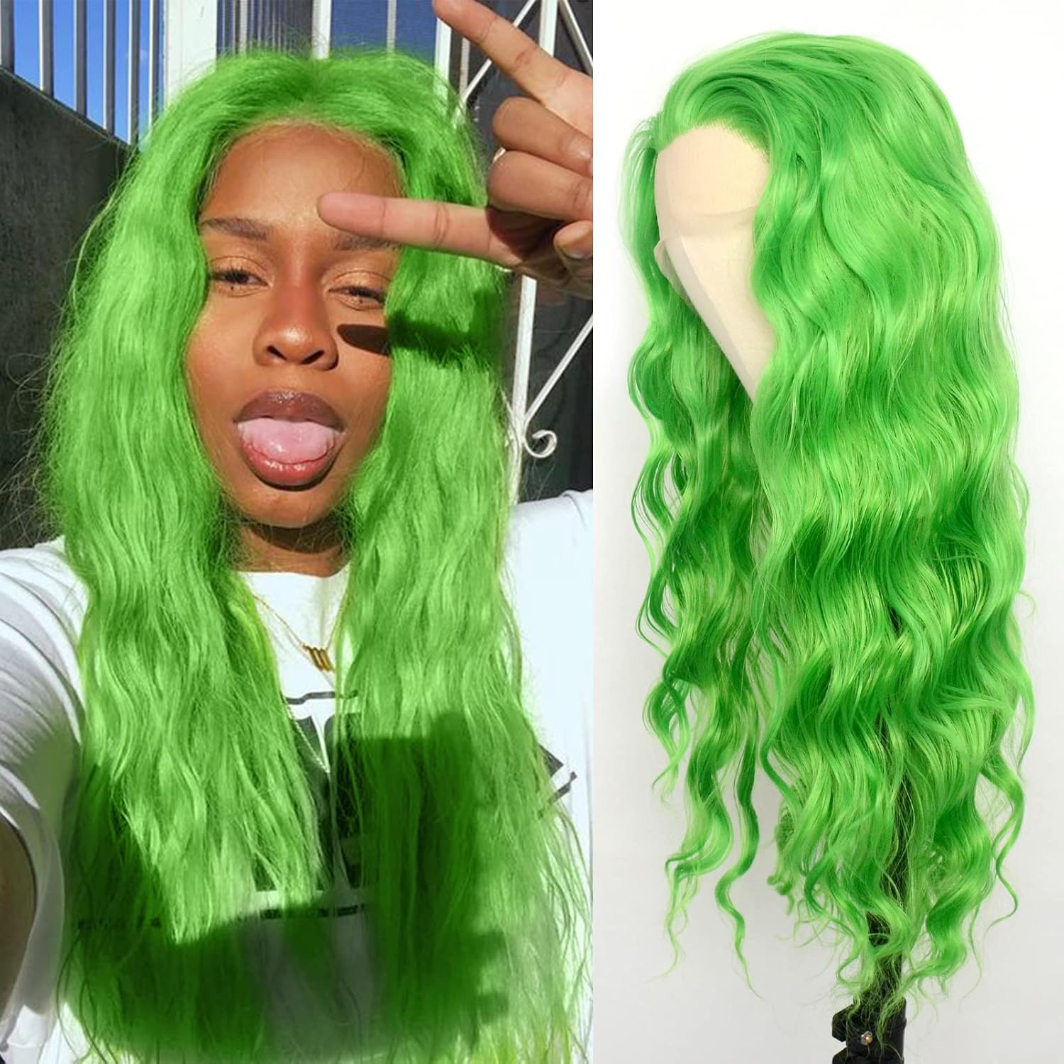 Luwigs Green Lace Front Wigs Curly Wavy Synthetic Heat Resistant Fiber Wigs for Women Lime Green Loose Wave Per Plucked Natural Hairline (22 Inch, Green,Curly)