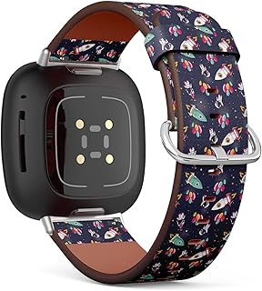 CJBROES Replacement Leather Watch Band, Compatible with Fitbit Versa 3 and Fitbit Sense of Wristband Bracelet Accessory - Cute-Astronauts-Rockets