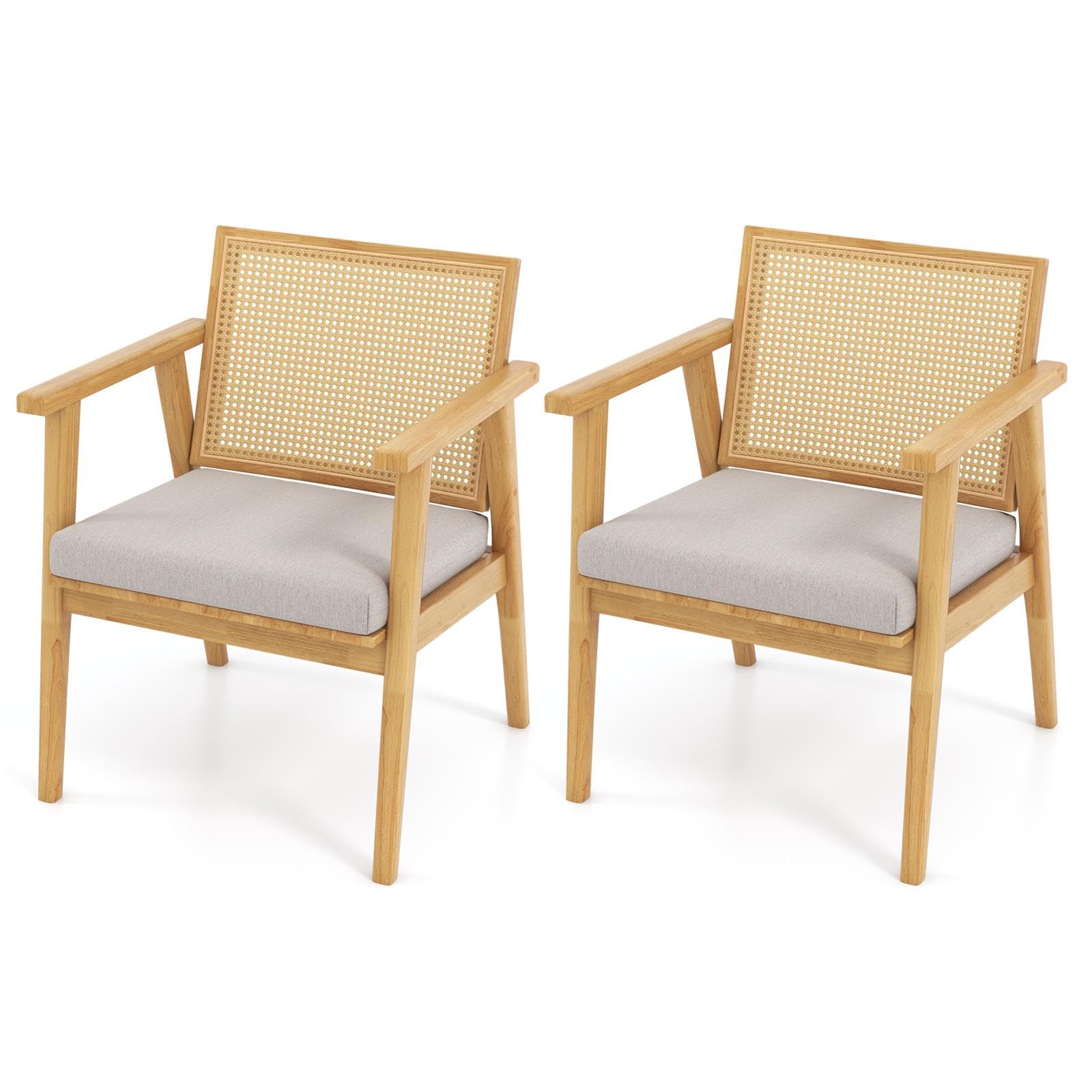 HOMASIS Juego de 2 sillas de comedor de ratán con respaldo y reposabrazos, silla de acento de madera maciza, sillón tapizado con cojín extraíble, soporta hasta 135 kg, color natural