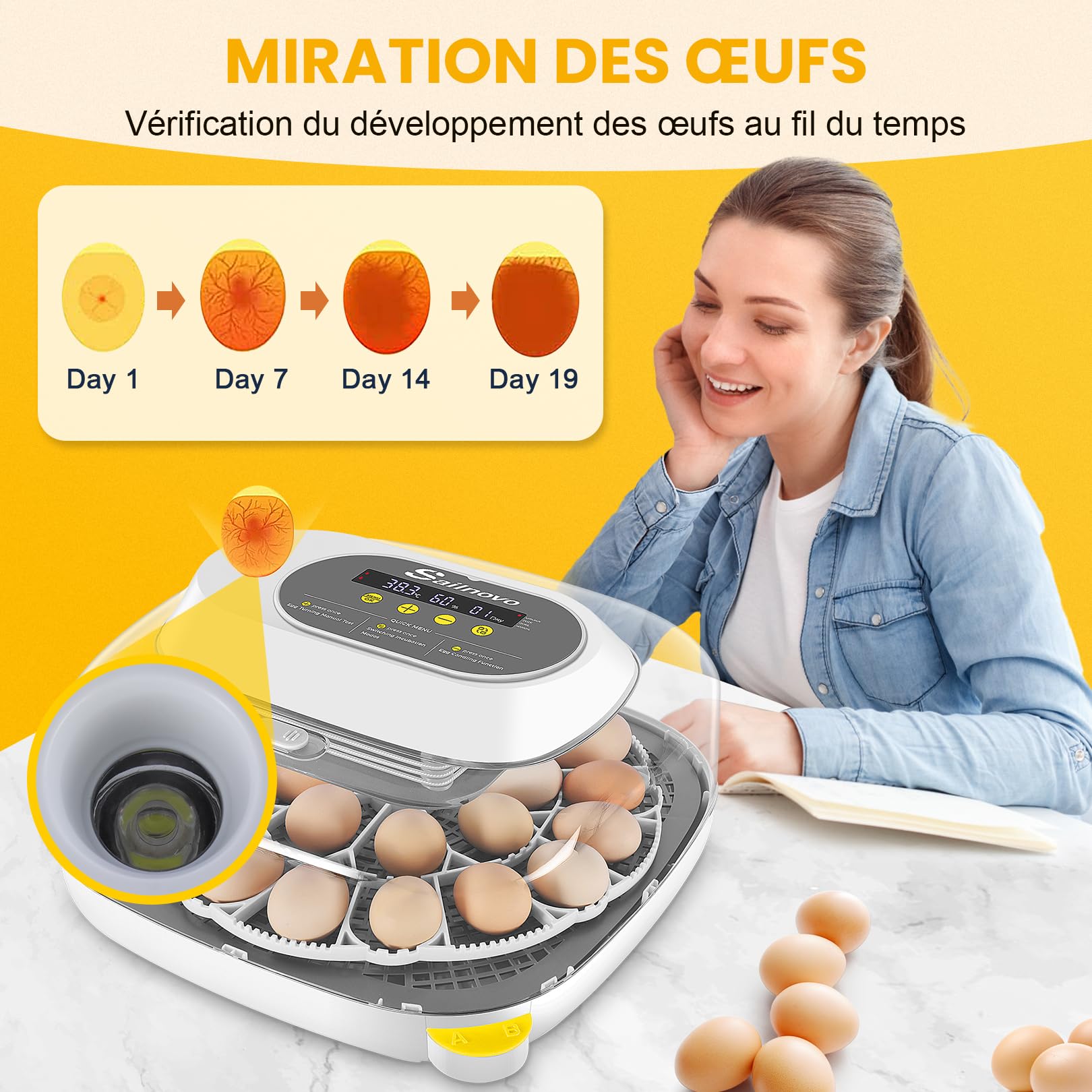Sailnovo Couveuse Oeuf Automatique - 24 œufs - Incubateur pour œufs de poule avec 4 modes - Vue à 360° - Incubateur à œufs avec retournement automatique et contrôle de la température(Gris)
