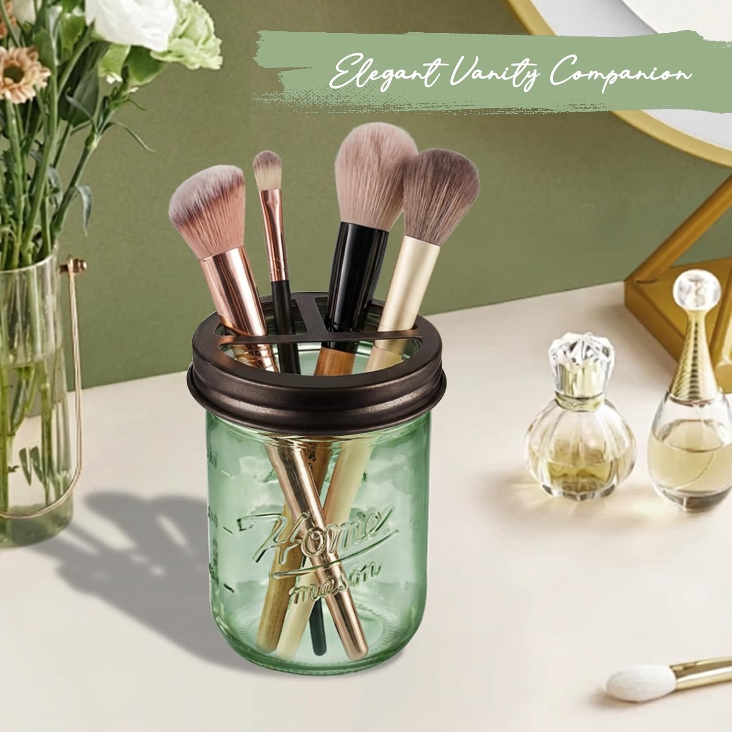 SheeChung Mason Jar Toothbrush Holder, Green Glass Toothbrush Holders for Bathrooms, Electric Toothbrush Toothpaste Holder, Bronze Toothbrush Organizer Storage, Stainless Steel Lid, Farmhouse Decor