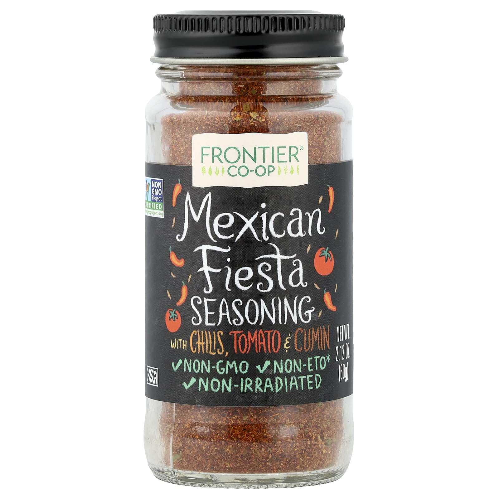 Frontier Co-op Mexican Fiesta Seasoning, 2.12-Ounce Jar, Chilis, Tomato & Cumin, Hint Of Lemon & Cilantro, Salt Free, Kosher, Non ETO