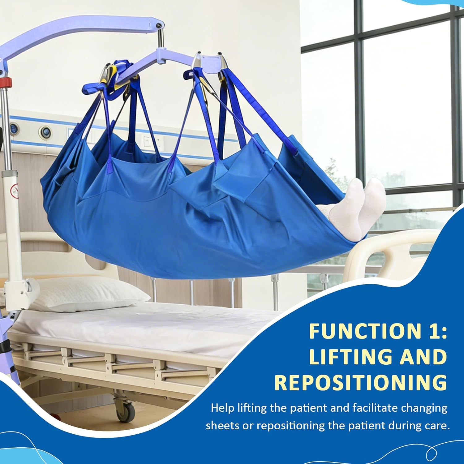 EZ Assistive Transfer Lift Sling for Patient Moving and Positioning, Full Body Sling to Transfer Patient of Spine Can Not Bend/Bedridden,SWL 500 lbs (Blue)