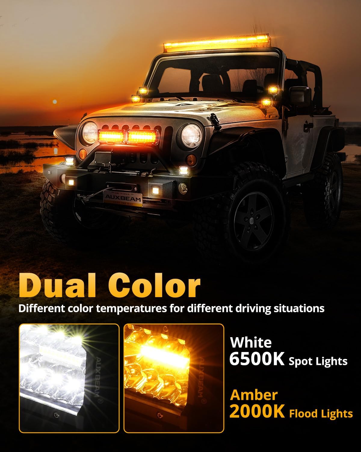 Auxbeam 6 Modes Amber White Series 4 Inch 120W Strobe LED Pod Lights Dual Color Auxiliary Offroad Light Bar Spot Flood Combo Flashing Fog Lights A-Pillar Bumper Grille Mount, Pair