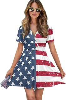 Womens Summer Mini Dress Short Sleeve V Neck Frock Swing Waist-Defined Dresses for Travel Beach