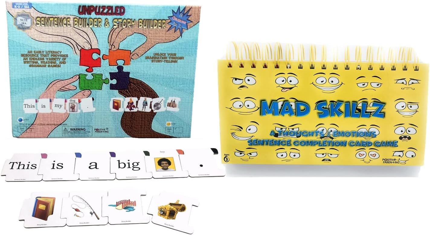 Sentence Builder and Story Builder 2 Games in 1 and Mad Skillz A Thoughts and Emotions Sentence Completion Card Game for Taking Control of Feelings Emotions Autism ADHD